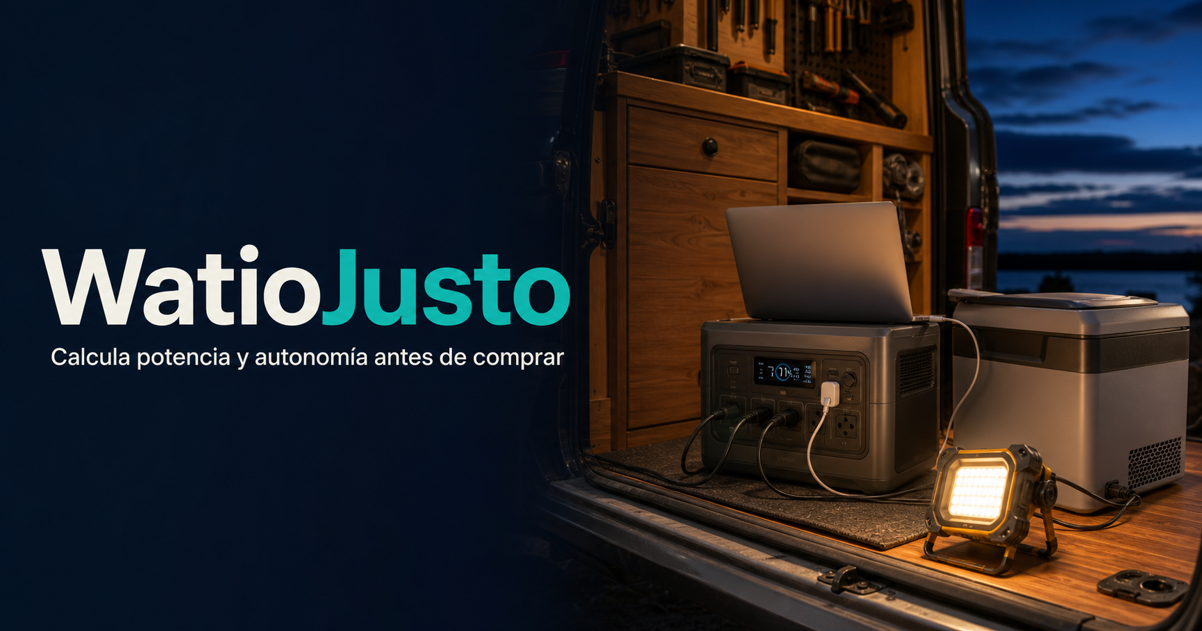 Estación de energía alimentando un portátil, una nevera y una luz de trabajo en una camper